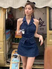 Aiertu Summer Retro Blue Turn-down Collar Off Shoulder Button Denim Mini Dress Women Sleeveless High Waist A-line Jeans Short Dress New Aiertu