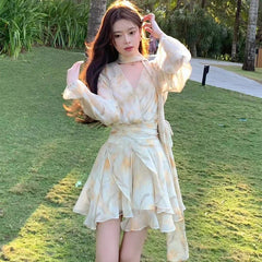 Aiertu 2024 New Holiday Dress Women Summer Long Sleeve V-Neck Bubble Sleeve Chiffon Beach Printed Dress Irregular Fairy Dress Boho Aiertu