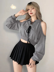 Aiertu Y2K Vintage Gray Cropped Hoodies Women Harajuku Sexy Off Shoulder Sweatshirts Korean Loose Casual Chic Tops Gothic Kpop Aiertu