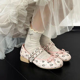 AIERTU - Pink Floral Pattern Low Heel Mary Jane Shoes Women Summer Comfort Silver Bowknot Ballet Flats Woman's Lolita Shoes Aiertu