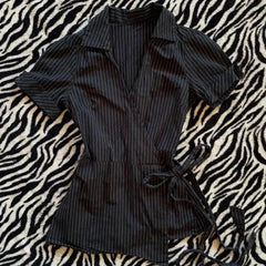 AIERTU - Gothic Women's Shirt Chic Aesthetic Grunge High Street American Style Striped Lace-up Slim Fit Fashion Hip Hop Short Sleeve Tops Aiertu