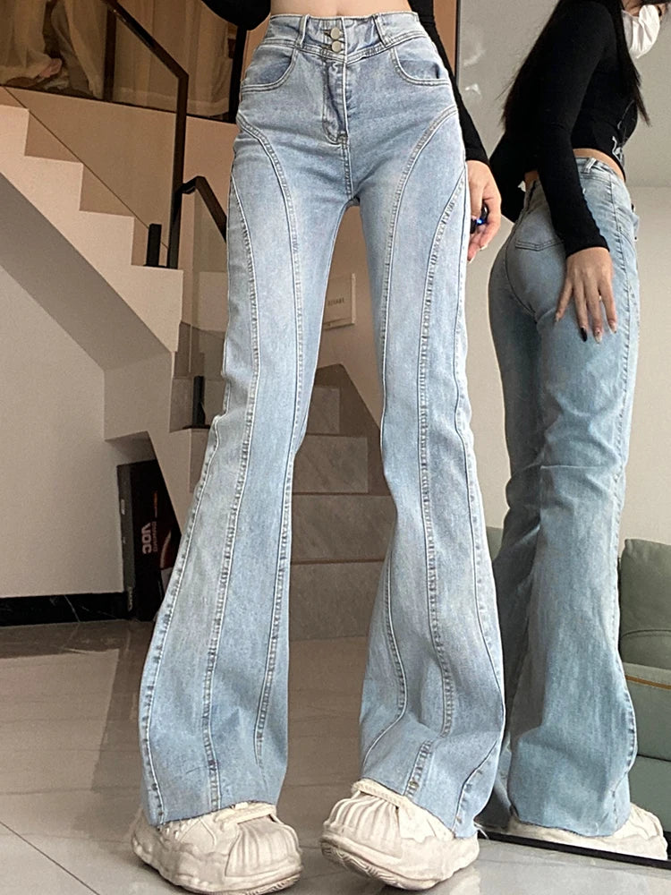 Aiertu Vintage Flared Stretch Jeans Women High Waist Skinny Boot Cut Gray Denim Pants Y2K Punk Streetwear Wide Leg Trousers Aiertu
