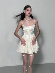 Aiertu Elegant Fairy Dress Women Summer High Waist White Lace Party Mini Dresses Spaghetti Strap Streetwear Korean Fashion Aiertu