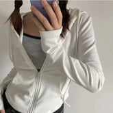 Aiertu Vintage Zip Up Cropped Hoodies Women Korean Style Streetwear Hooded Sweatshirts Kpop Solid Color Y2k Long Sleeve Tops Aiertu