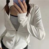 Aiertu Vintage Zip Up Cropped Hoodies Women Korean Style Streetwear Hooded Sweatshirts Kpop Solid Color Y2k Long Sleeve Tops Aiertu