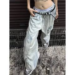 Aiertu Blue Women Jeans High Waist Vintage Straight Baggy Denim Pants Streetwear American Design Sense Fashion Wide Leg Denim Trouser Aiertu