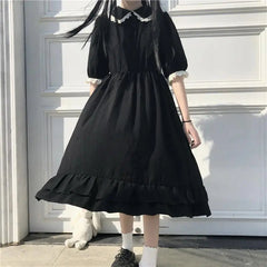 Aiertu 2024 Coquette Black Kawaii Lolita Style Dress Mori Girl Fairy Cute Lolita Peter Pan Collar Puff Sleeve Dress Fashion Women Aiertu