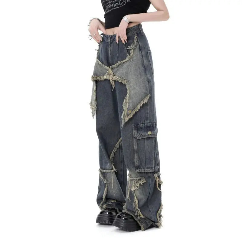 Aiertu Vintage Women High Waist Jeans Streetwear Ripped Female Wide Leg Pant American Style Casual Tassel Straight Denim Trousers Aiertu
