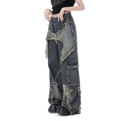 Aiertu Vintage Women High Waist Jeans Streetwear Ripped Female Wide Leg Pant American Style Casual Tassel Straight Denim Trousers Aiertu