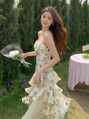 New Summer Print Midi Dress for Women Sleeveless Spaghetti Strap Chiffon Ruffle Floral Casual Slim Party Dresses Korean Aiertu