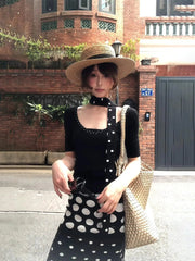 AIERTU - Sexy Wind Neck Streamer U-neck Polka Dot Short-sleeved T-shirt Summer New Female Slim Slim Top Fashion Two-piece Set Aiertu
