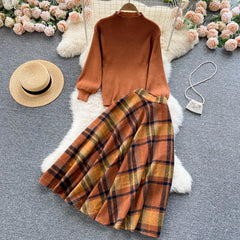 Aiertu Women Retro Sweater Suits Fashion Lantern Sleeve Sheath Knitted Top+Elastic Loose Long Skirt Two Pieces Sets Aiertu