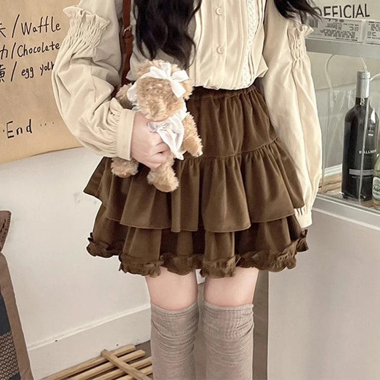 Aiertu 90s Winter Ruffle Brown Kawaii Lolita Pleated Skirt Women Fairy Y2k Mini Skirt Female Korean Fashion Cute Mini Cake Casual Skirt Aiertu