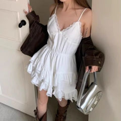 Aiertu Sweet Lace Mini Coquette Aesthetic Dress Women Korean Sexy One Piece Short Sleeveless Elegant Party Dresses Y2k Aiertu
