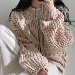 Aiertu FALL OUTFITS Chic Zipper Up Knitted Cardigan Women Autumn Winter Solid Color Twisted Sweater Woman Wild Long Sleeve Jumper Coats Mujer Aiertu