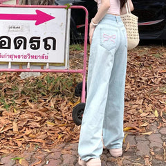 Aiertu Blue Jeans for Women High Quality High Waist American Wide Leg Pants Bow Embroidery Y2K Vintage Straight Summer Trousers 2024 Aiertu
