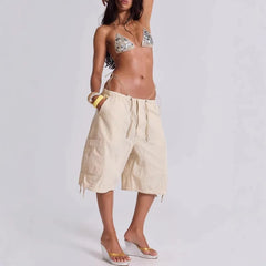 AIERTU - Euramerican Safari Style Drawstring Half Pants Y2k All Match Side Pockets Design Casual Women Wide Trousers Stright Short Pants Aiertu
