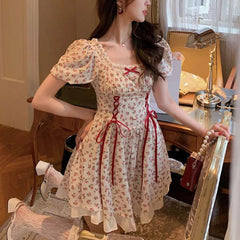 Aiertu Cute Florals Dress Women Vintage Cottagecore Y2k Puff Sleeve Square Collar Lace-up High Waist Corset Dress Female Aiertu