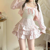 Lolita Tiered Mini Skirt Women Skorts Kawaii Layered Ruffle High Waist Lace Up A Line Cute Skirts for Teen Girls Aiertu