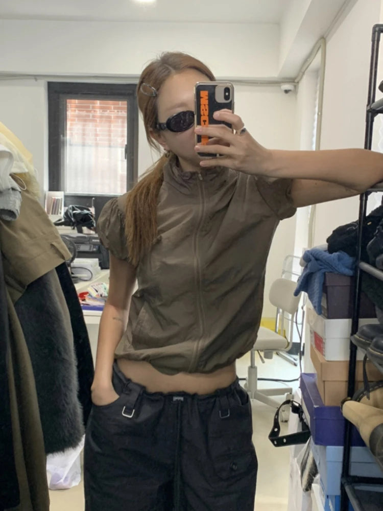 Aiertu Summer Thin Sun Protection Short Sleeve Jackets Vintage Slim Stand Neck Coat Casual Zipper Y2k Aesthetic Cargo Solid Coats Aiertu