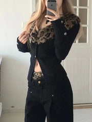 Leopard Cardigan Women Japanese Gyaru V-neck Long Sleeve Streetwear Slim Sexy Cardigan Sweater Y2k Vintage Top Autumn Aiertu