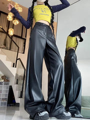 Aiertu PU Leather Straight Pant Black Women Autumn Wide Leg Leather Baggy Pants High Waist Casual Streetwear Loose Trousers Aiertu