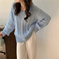 Aiertu Solid Sweater Women Korean Fashion V Neck Knitted Pullovers Pink Long Sleeve Knitwear Winter Streetwear Casual Jumpers Tops New Aiertu