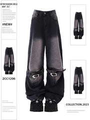 Aiertu 2024 Vintage High Waist Street Style Belted Straight Jeans Gothic Pants Fashion Women's Wide Leg Punk Baggy Y2K Denim Trouser Aiertu