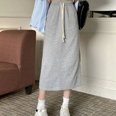 Aiertu Elegant Grey Long Skirts Women Korean Style Black Wrap Skirt Vintage Streetwear A-line Casual Solid All-match Skirts Aiertu