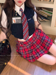 American Style School Girl Uniform Set Summer Daily Slim Vest Mini Pleated Skirt Red Plaid Korean Students JK School Uniform Aiertu