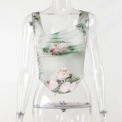Aiertu Sexy summer suit Rose printed cultivate one's morality fashion suits Condole belt vest Tall waist sexy open fork skirt Aiertu