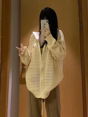 Aiertu Vintage Knit Mesh Coat for Women Hole Hooded Cardigan Long Sleeve Tee Male Casual Autumn Japanese Streetwear Hip Hop Aiertu