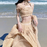 Aiertu - Sand Palaces and Roses Crop Top and Skirt Dress Set Kawaii Academia Y2K Cottagecore Coquette Fairycore Dollette Princesscore Bottoms Aiertu