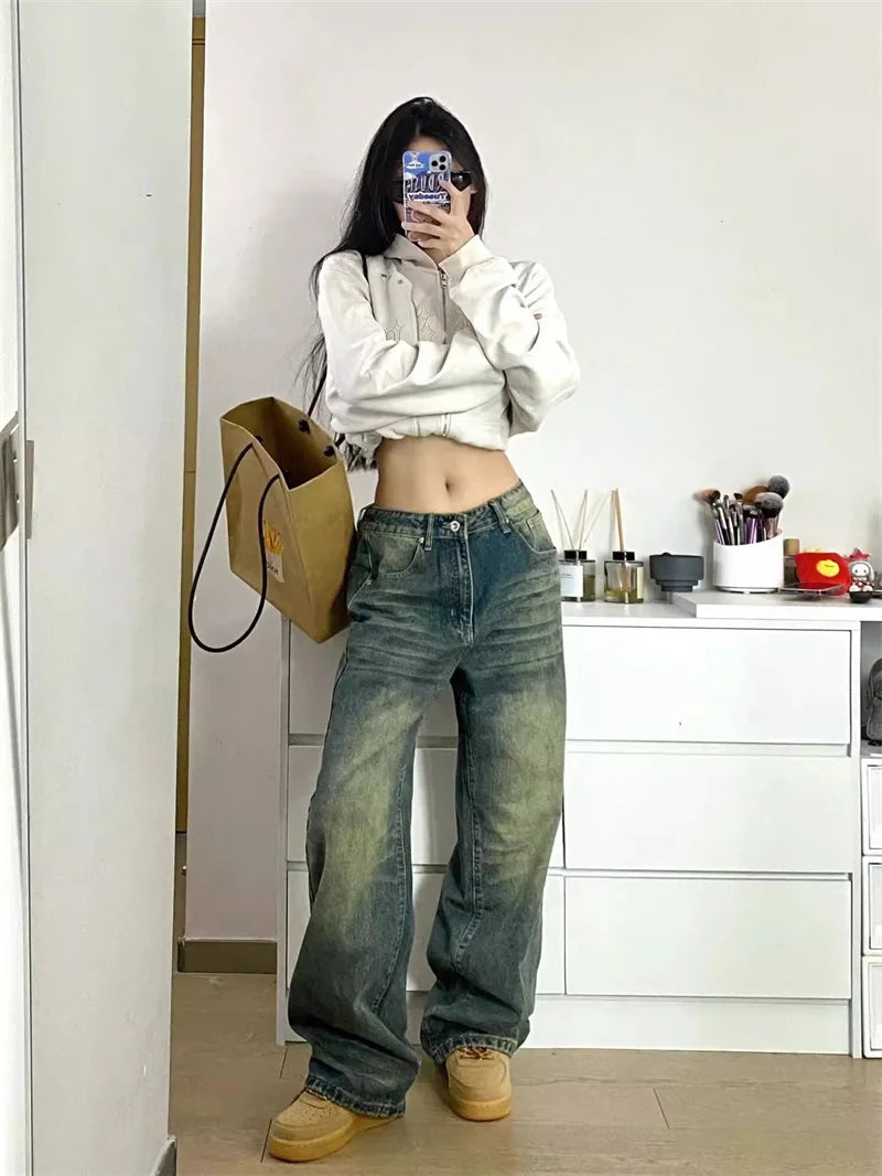 Aiertu Autumn Winter New Ladies Baggy Jeans American High Street Wide Leg Women's Jeans Note Embroidery Women Pants High Waist Aiertu
