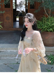 Aiertu Elegant Vintage Floral Slip Dress Women Sequin Embroidery Casual Long Fairy Dress Female 2024 Autumn Fashion Korean Style Dress Aiertu