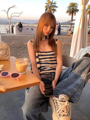 Aiertu Harajuku Striped Camisole Women Sleeveless Korean Fashion Streetwear Knitted Tank Tops With Tie Summer Tops Halter Tops Aiertu