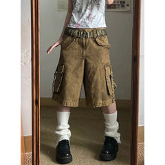 Aiertu Brown Women's Shorts Jeans High Waist Straight Pants Streetwear Y2K Vintage Female Wide Leg Denim Five Points Boyfriend Trouser Aiertu