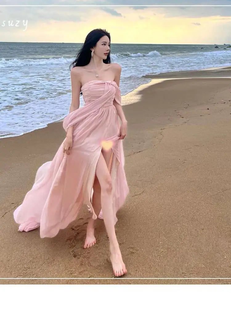 Aiertu Summer Pink Elegant Pleated High Waist Split Long Dress Women Fashion Backless Halter Strapless Fairy Dress Female 2024 Vestido Aiertu