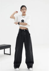 Aiertu 2024 Women Baggy Long Jeans Harajuku Black Wide Leg Trousers Streetwear Vintage High Waist Denim Pants Big Pocket Y2k Feamle Aiertu