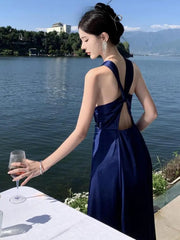 Aiertu Blue Slim Halter Backless High Split Maxi Dress Woman Elegant Pleated Sexy Birthday Party Evening Long Dress Summer Fashion Aiertu