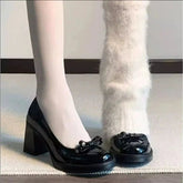 AIERTU - Vintage Bow Shallow Single Shoes Women Slip-On High Heels Block Heel Versatile Commuter Mary Jane Shoes Aiertu