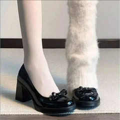 AIERTU - Vintage Bow Shallow Single Shoes Women Slip-On High Heels Block Heel Versatile Commuter Mary Jane Shoes Aiertu