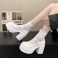 Aiertu Chunky Platform High Heels Pumps Women Autumn Pu Leather Ankle Buckle Mary Jane Shoes Woman Thick Heeled White Lolita Shoes aiertu