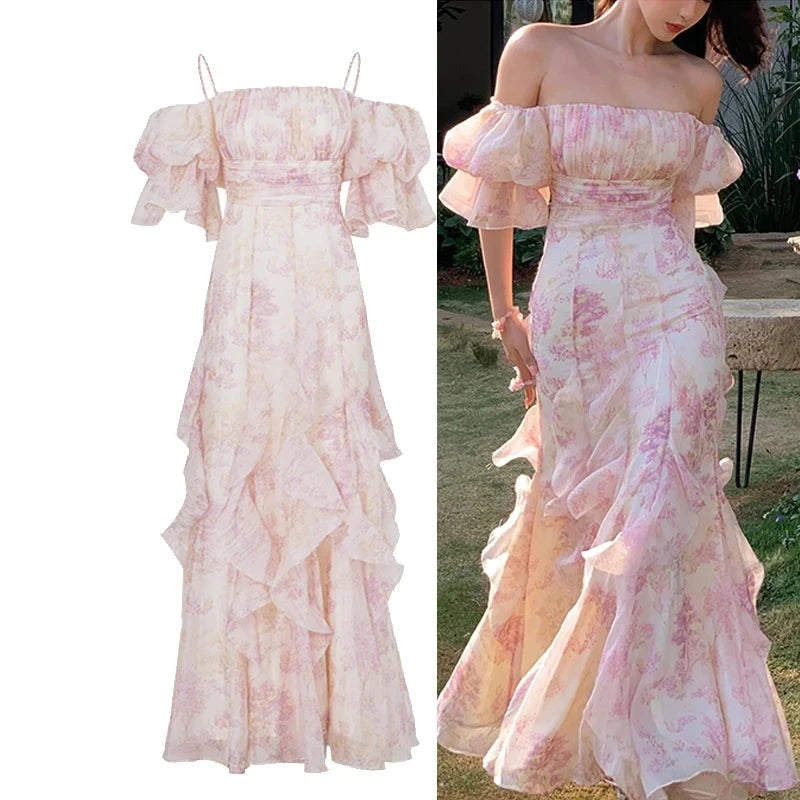 Aiertu Women Summer Fashion Floral Goblincore Ruffles Slim Party Midi Dresses Lady Skinny Fairy Dress Aiertu