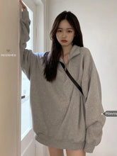 Aiertu Korean Fashion Gray Oversized Sweatshirts Women Harajuku Zip Up Hoodie Vintage Loose Casual Polo Collar Pullover Tops Aiertu