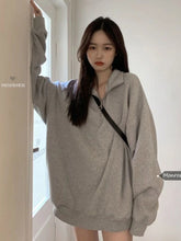 Aiertu Korean Fashion Gray Oversized Sweatshirts Women Harajuku Zip Up Hoodie Vintage Loose Casual Polo Collar Pullover Tops Aiertu