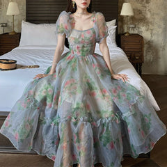 Aiertu Floral Print France Vintage Dress Women Tierred Designer Y2k Princess Sweet Midi Dress Female Korean Fashion Dress Summer 2024 Aiertu