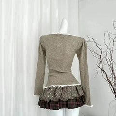 Aiertu Sweet Retro Knit Cardigan Plaid Patchwork Prin Puffy Skirt Two Piece Set Women Fashion Flounce College Slim Spring Female Suit Aiertu