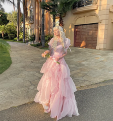 Aiertu Pink Princess Prom Dress Ruffle Layered Evening Dresses Formal Occasions Graduation Gown Sweet Birthday Party Dresses Aiertu