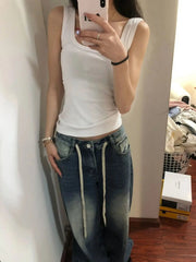 Aiertu Harajuku Vintage Drawstring High Waist Loose Jeans Autumn Pants Winter Women's Y2K Wide Leg Baggy Streetwear Denim Trouser Aiertu